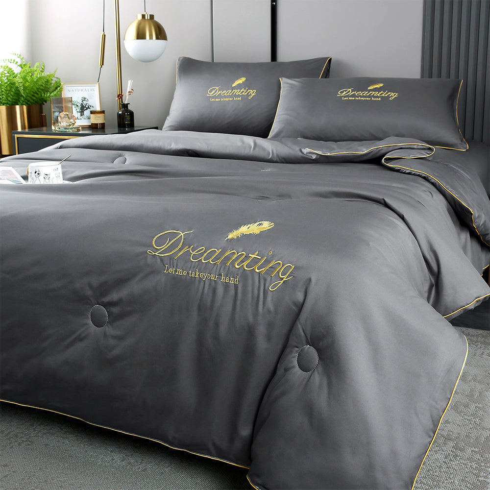 4Pieces Set Summer Cool Feeling Bedding Set Air Conditioning Comfy Comforter Pillowcase Bed Sheet Dark Grey