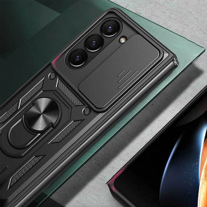 For Samsung Galaxy Z Fold Drop Protection Case Full-Body Shockproof Case with Rotating Ring Stand Black