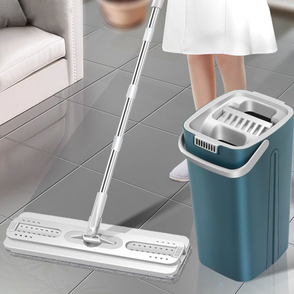 360-degree Rotatable Flat Floor Mop and Bucket Set with 4 Microfiber Mop Pads Floor Cleaning Tool Blue