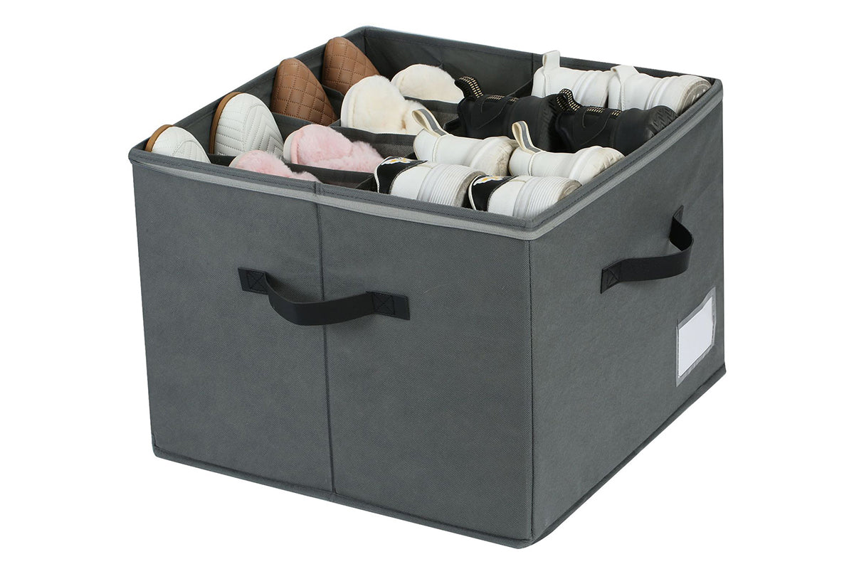 12 Grids Foldable Shoe Storage Organizer for Closet with Transparent Lid Fits 12-16 Pairs for Shoes Sneakers Sandal Heels-Grey