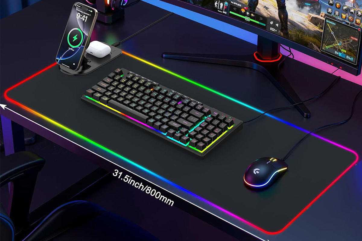 3-in-1 RGB Gaming Mouse Pad Wireless Charging Desk Mat with Foldable Phone Stand