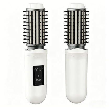 2 in 1 Cordless Hair Straightener Brush Curling Iron with LCD Display-White