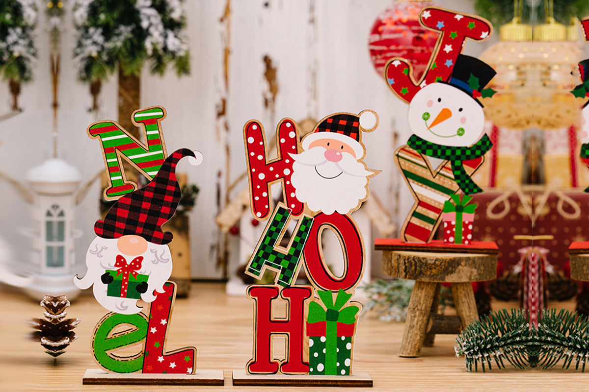 3Pcs Christmas Wooden Letter Figurine Ornaments Set with Santa Snowman Gnome Table Decoration Signs-Each of Style