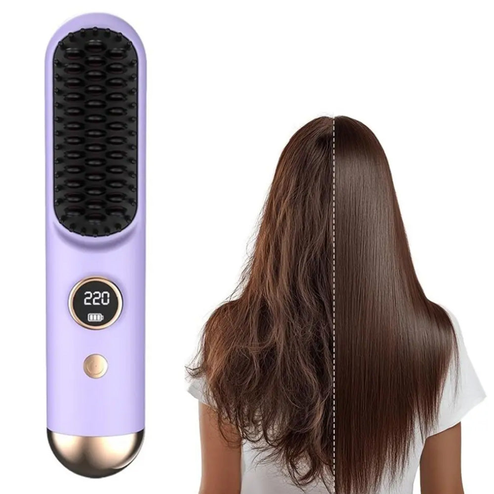 Cordless LCD Hair Straightening Brush 2-in-1 Portable Styling Tool for Travel-Purple