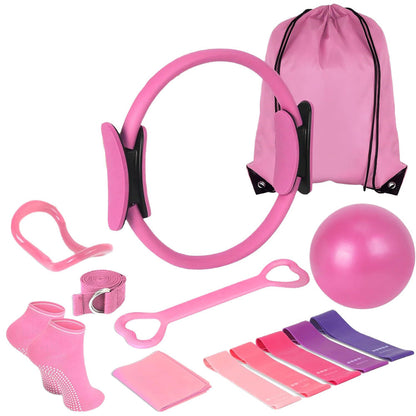 13PCS Home Pilates Essentials Kit ¨C Includes Yoga Ball Resistance Band and Pilates Ring Pink