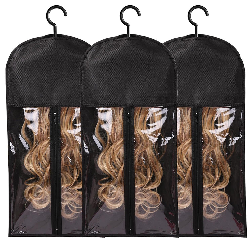 3Pcs Hair Extension Storage Bags with Hangers Dustproof Non-Woven Fake Hair Organizer Black