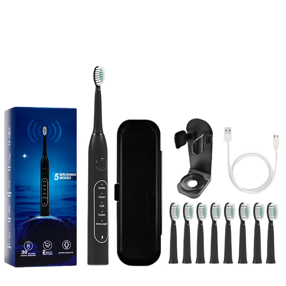Sonic Electric Toothbrush with 8 Soft Wave Brush Heads Black