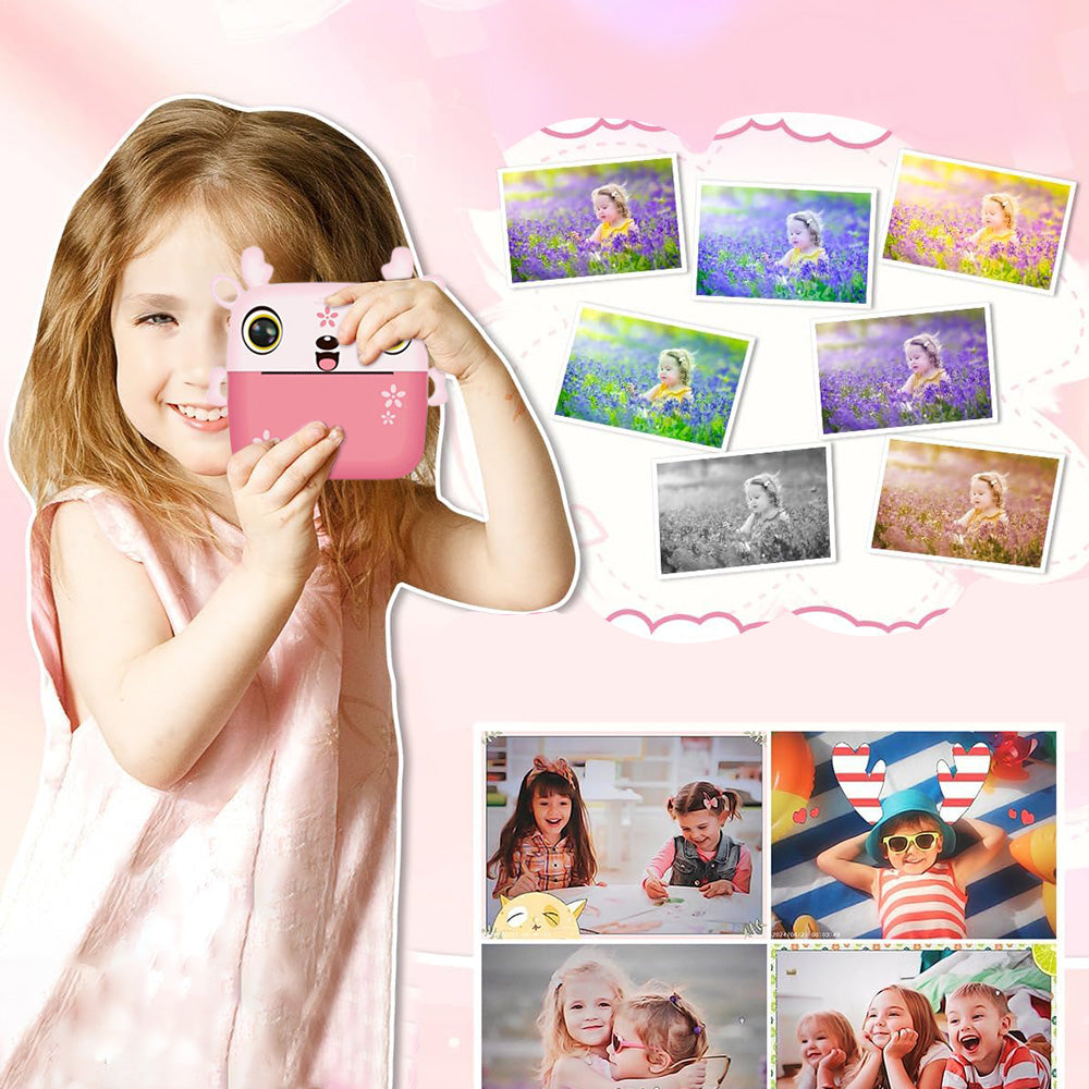 Kids Instant Camera Dual Camera Print Cam 1080P Video Recorder Digital Camera Gift for Boys Girls-Pink