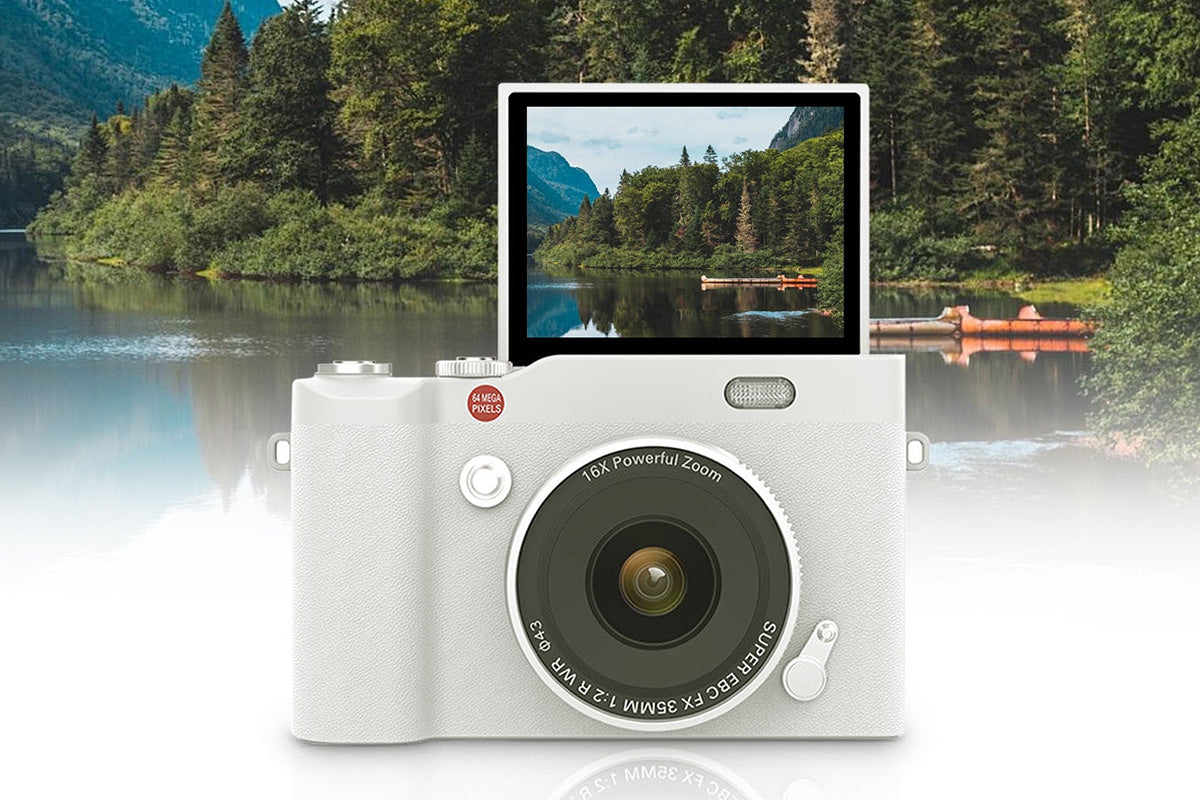 4K Digital Camera 64MP Vlogging Camera with 180-degree Flip Screen 16X Digital Zoom -White Color