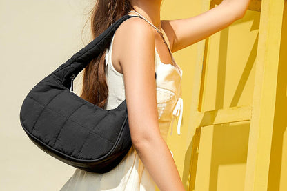 Puffer Crescent Shoulder Bag for Women Quilted Handbag with Adjustable Strap -Black