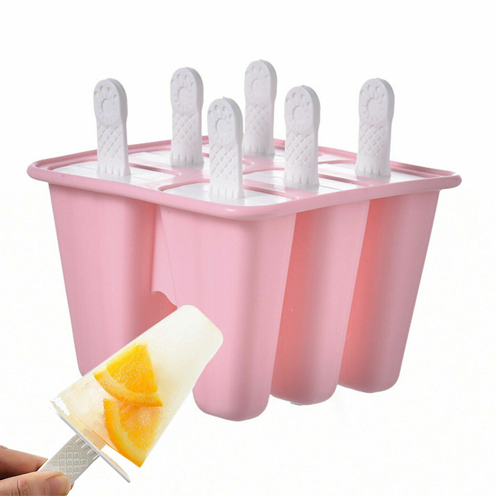 6 Cavity Ice Cream Mould Block Popsicle Molds Ice Lolly Mold With Sticks -Pink
