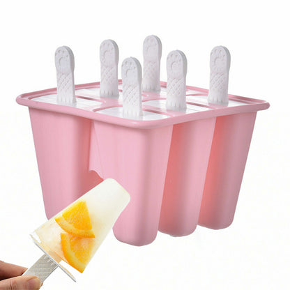 6 Cavity Ice Cream Mould Block Popsicle Molds Ice Lolly Mold With Sticks -Pink