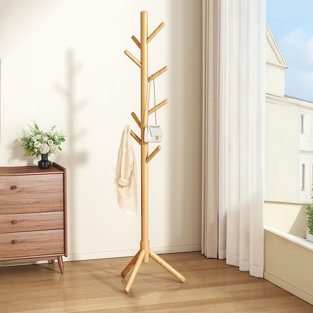 Solid Wood Freestanding Coat Rack with 8 Hooks Tripod Base for Bedroom Entryway-Natural Wood