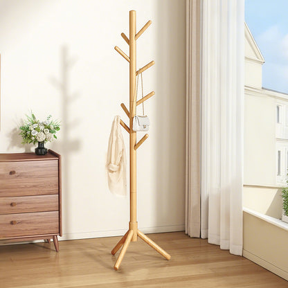 Solid Wood Freestanding Coat Rack with 8 Hooks Tripod Base for Bedroom Entryway-Natural Wood