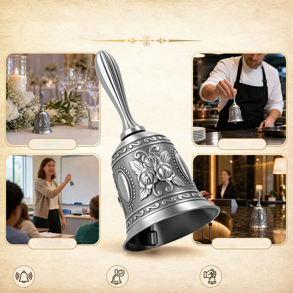 Vintage Hand Bell Retro Metal Dinner Bell with Rose Pattern Gold - Silver