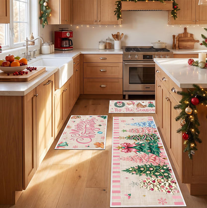 3 Piece Christmas Kitchen Floor Mat Set - Pink Christmas Tree