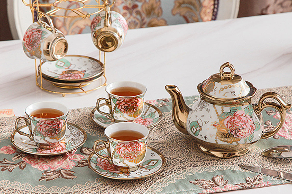 20Pcs Ceramic Tea Sets for Tea Party Porcelain Tea Set With Metal Holder and Teapot