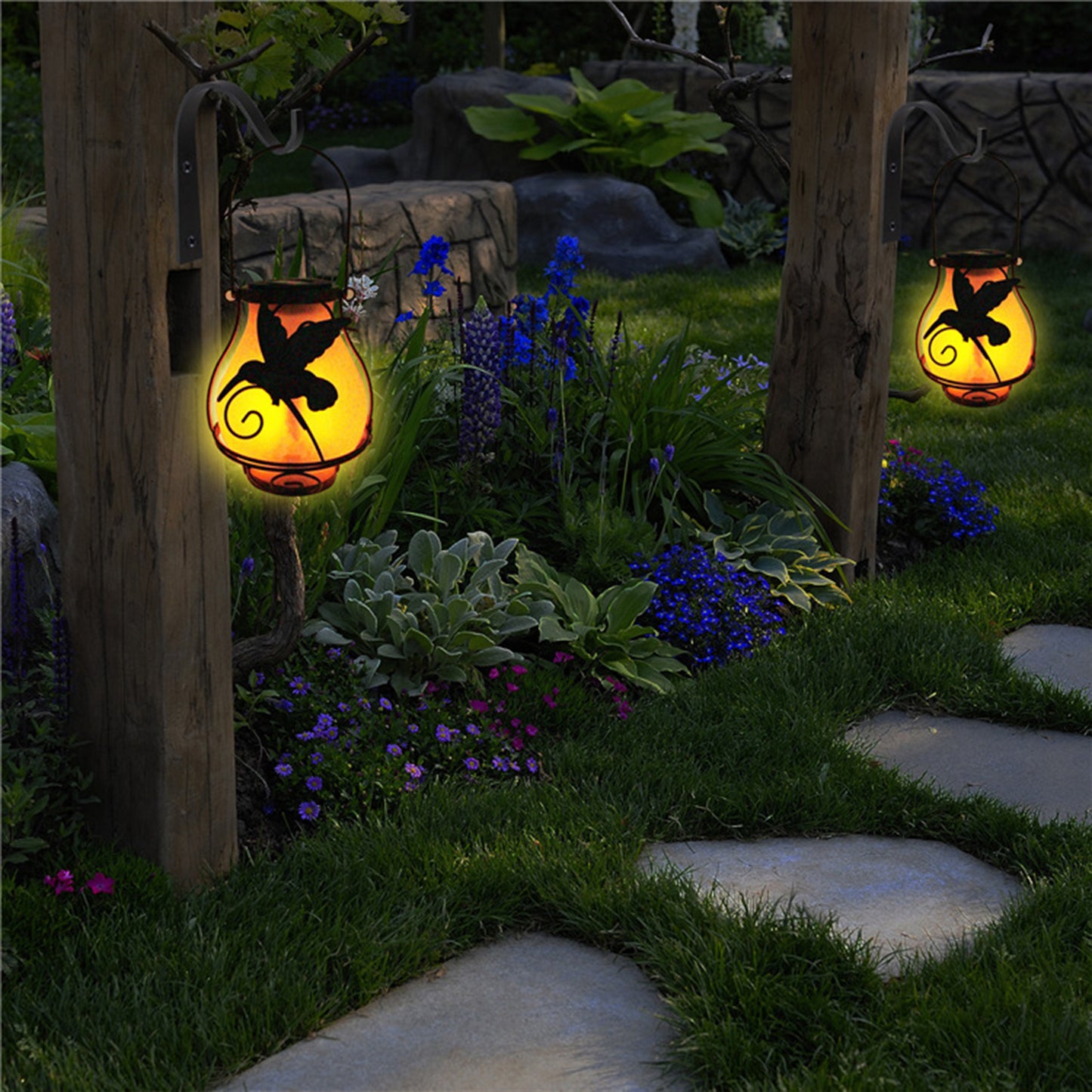 Waterproof LED Flame Lights Metal Solar Lantern Outdoor Hanging Lanterns -Hummingbird Flame Lamp