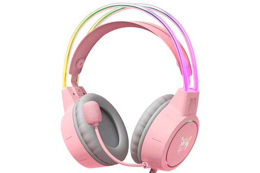 Gaming Headset with Microphone RGB Lighting Wired Over Ear Headphones Surround for PC Laptop PS4 PS5 Xbox Switch -Pink