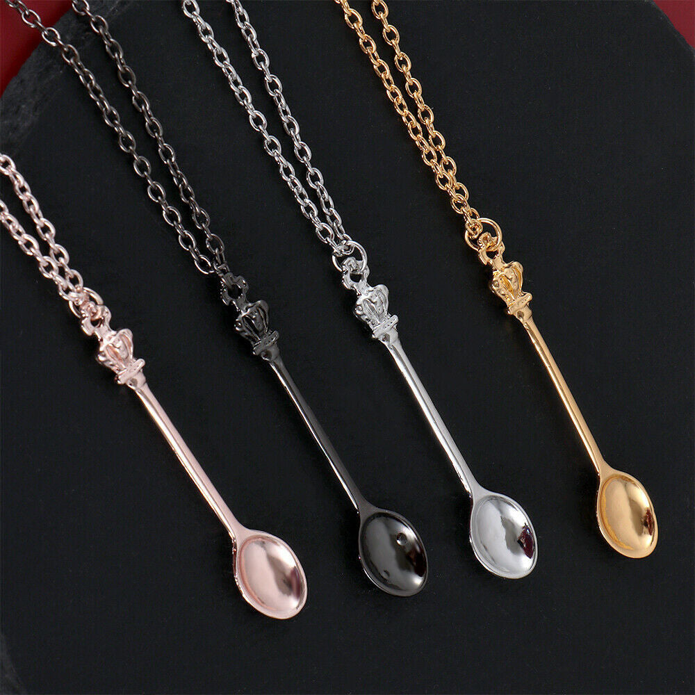 4Pcs Mini Crown Spoon Necklace Mini Tea Spoon Pendant Charm Vintage Jewelry for Women Girls