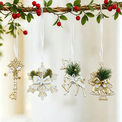 4 Piece Gold Christmas Snowflake Deer Tree and Key Hanging Ornament Set