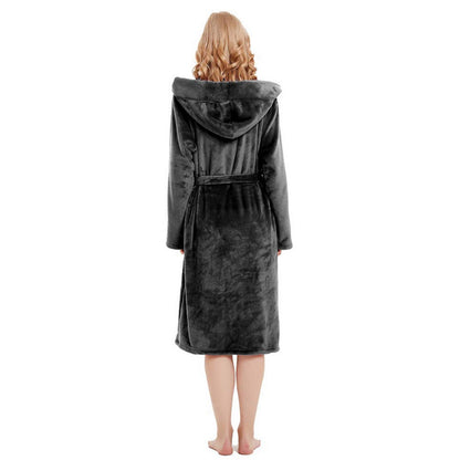 Warm Hooded Bathrobe Long Cozy Spa Hoodie Robes for Ladies Black