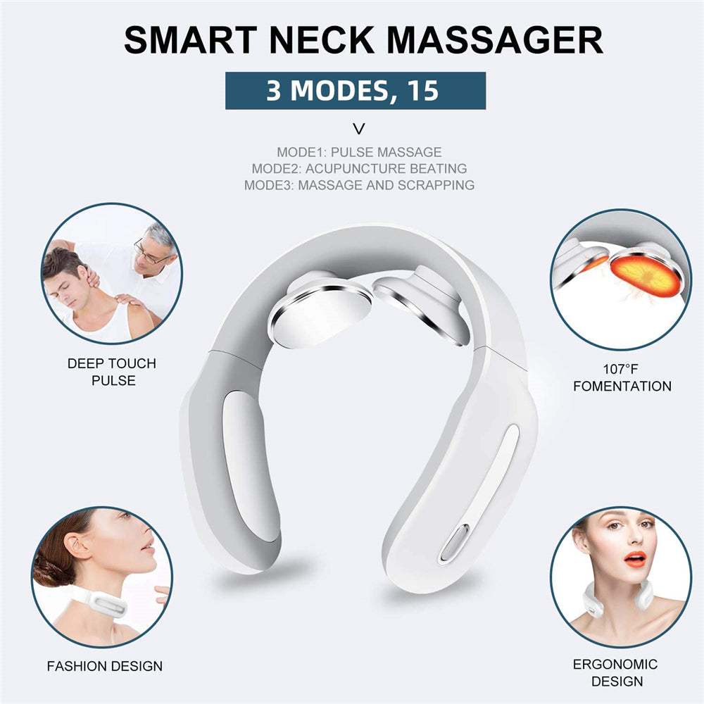 Electric Neck Massager with Heat Intelligent Electric Pulse Massager for Neck Pain Relief -White