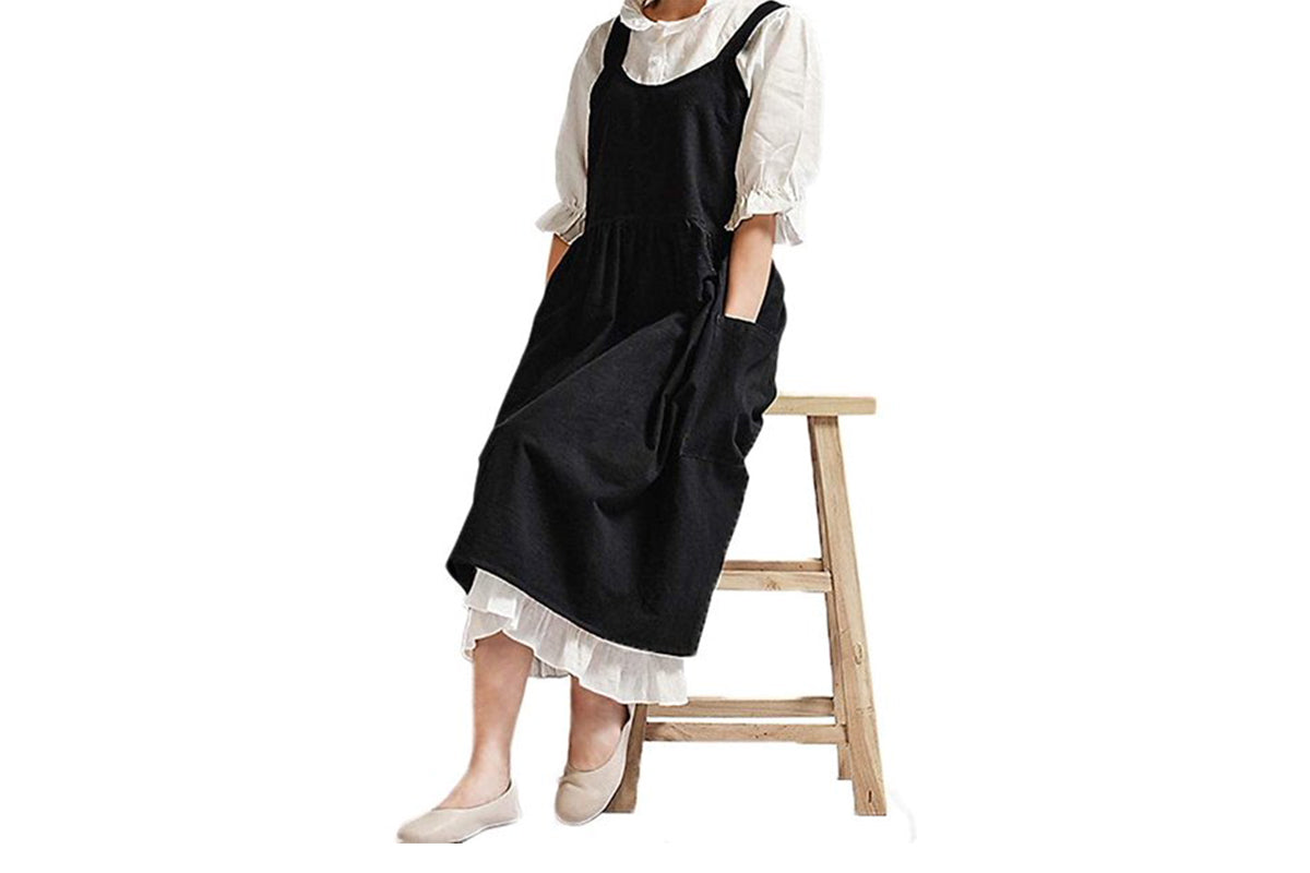 Cotton Linen Aprons Cross Back Apron with Pockets for Women with Pockets Pinafore Dress for Baking Cooking-Black