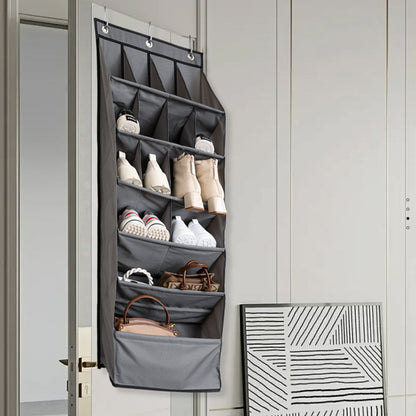 16-Grid Hanging Shoe Rack Over The Door Shoe Organizer Gray