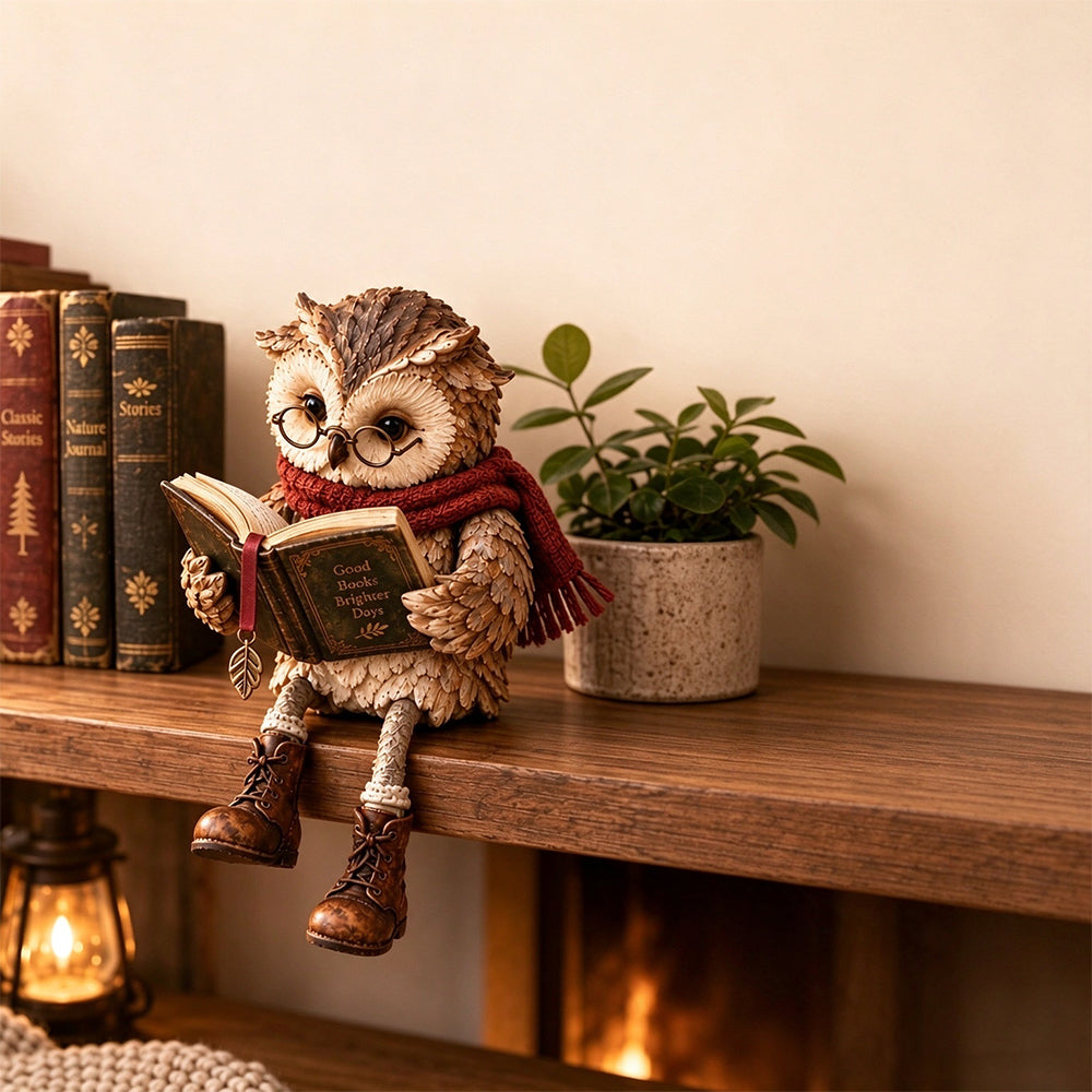 Reading Owl Figurine Resin Cute Whimsical Bookshelf Decor for Mantel Desk