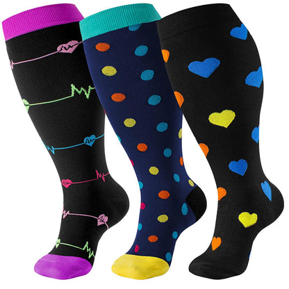 3 Pairs Plus Size Compression Socks for Women Men Knee High Pattern