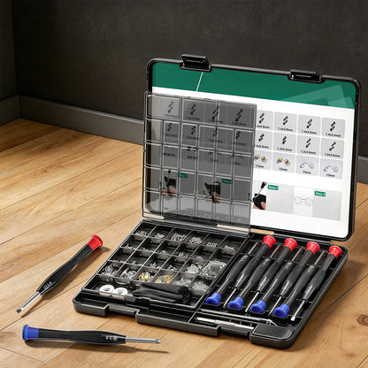Multi Piece Eyeglass Repair Kit with Screws Nose Pads and Tools