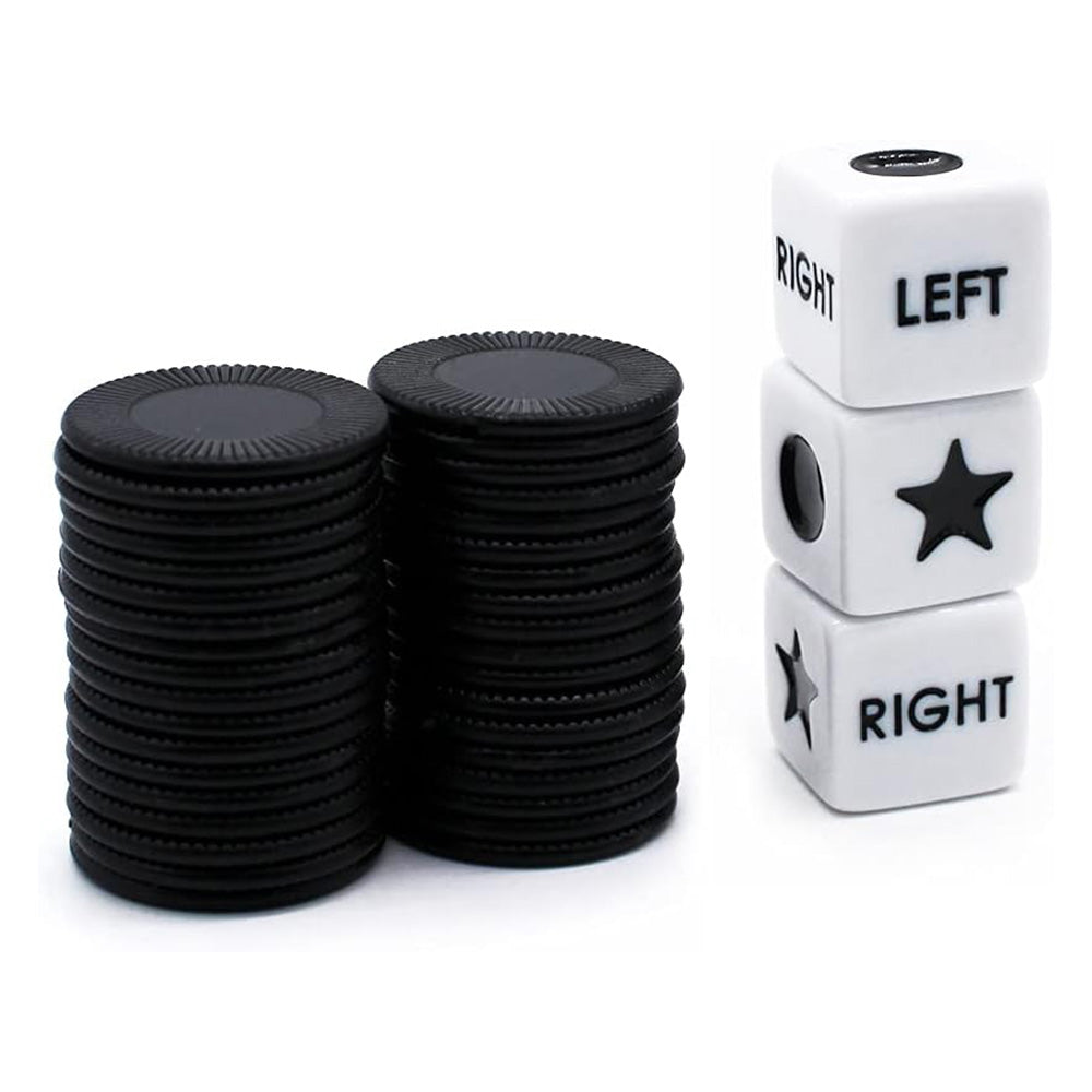Left Right Center Dice Game Prime Set with 3 Dices 24 Chips for Party Family Fun-Black