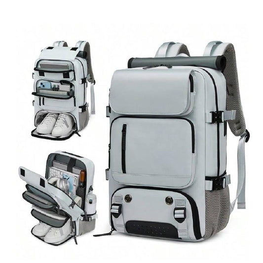Large Travel Backpack Water Resistant Laptop Backpack Camping Rucksack With Separate Shoe Pocket Grey