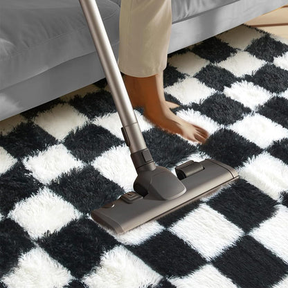 Checkered Plush Shaggy Rug Thickened Non Slip Carpet for Living Room Bedroom-Black