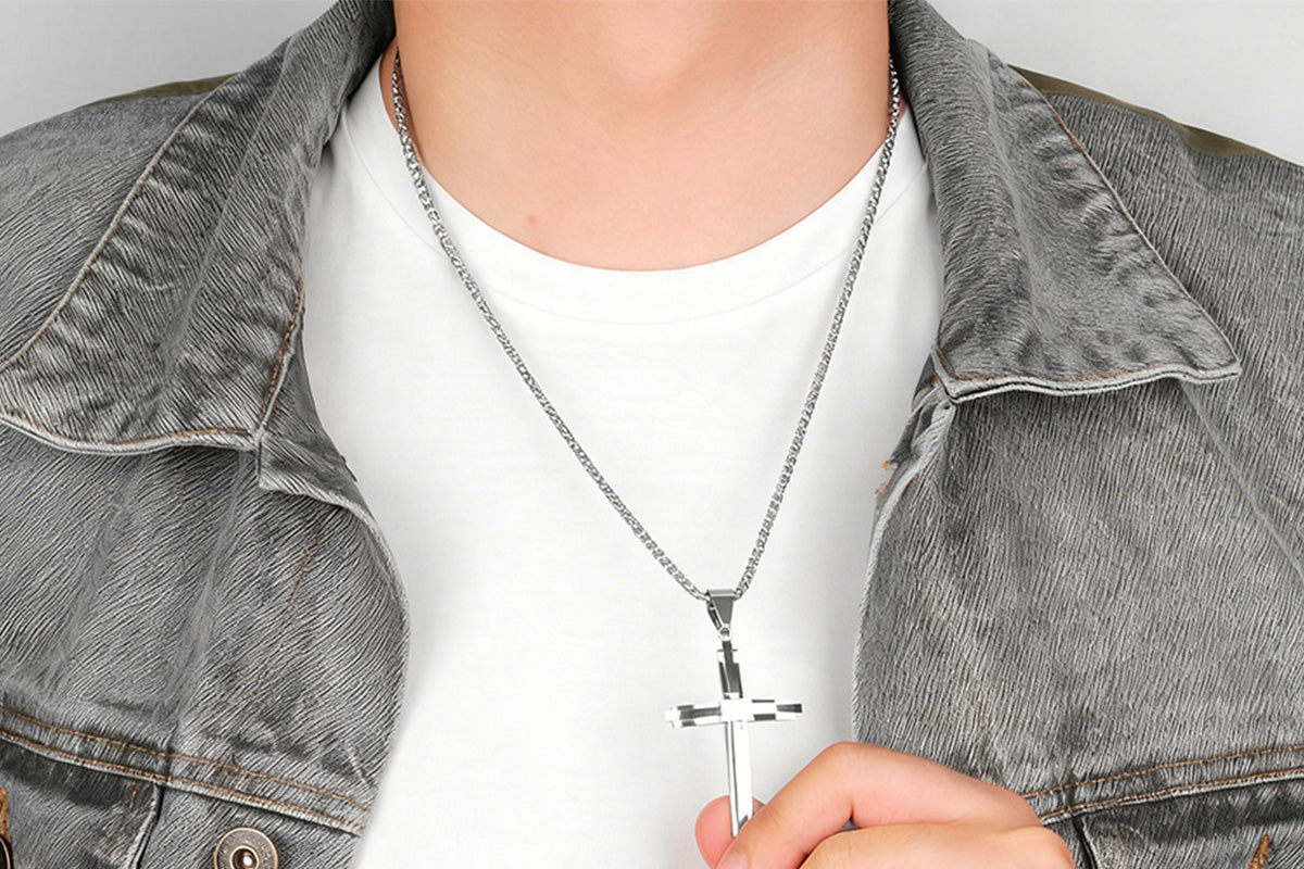 Crucifix Pendant Necklace Titanium Steel Unisex Chain -Silver