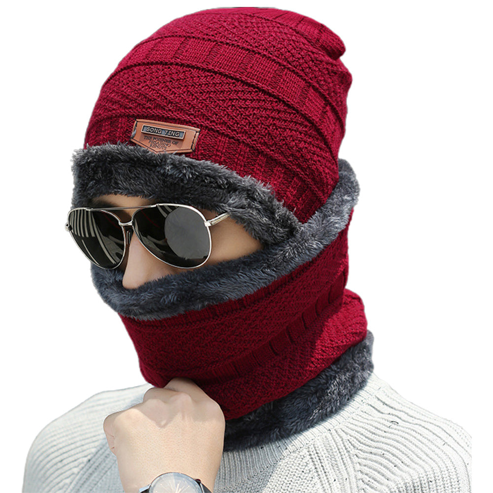 Uisex Beanie Cap Winter Knitted Hat Neck Warm Scarf Fleece Ski Accessories Red