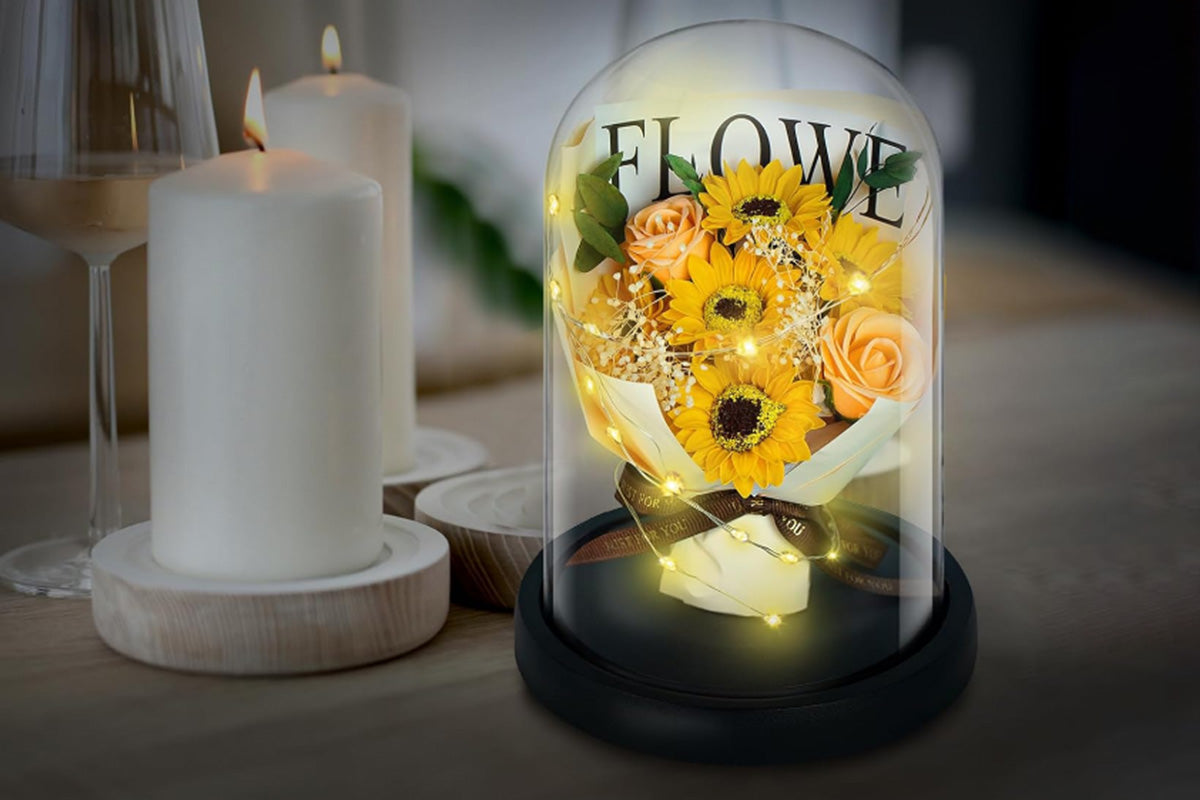 Rose in Glass Dome Handmade Preserved Flower Decoration Dome with Led LightsYellow