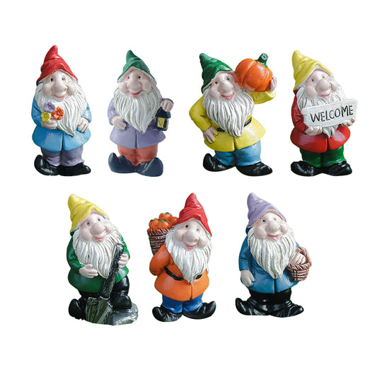 7pcs Dwarf Gnome Statue Mini Resin Miniature Gnomes Ornaments for Table Garden-Each of Style