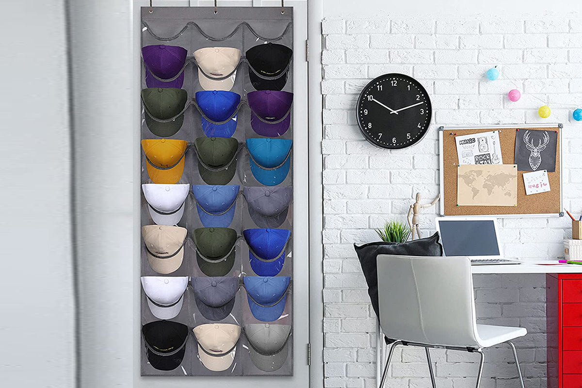 Baseball Hat Rack 24 Pocket For Wall Or Over The Door Cap Organizer-Dark Grey