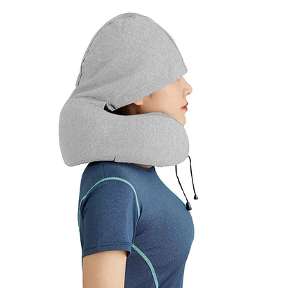 Travel Neck Pillow Hooded U Shaped Neck Cushion for Airplane Car Rest Light Gray