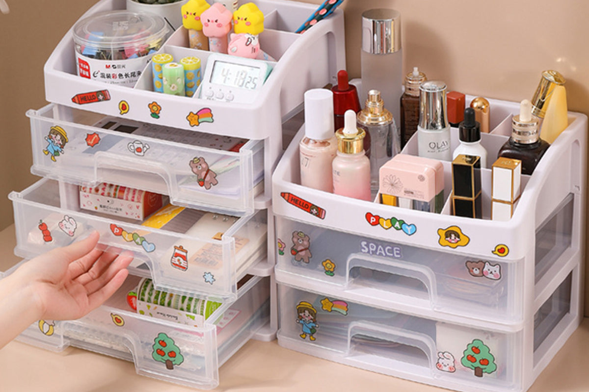 2Pcs Clear 3 Tiers Drawers Countertop Storage Box Cosmetic Display Case