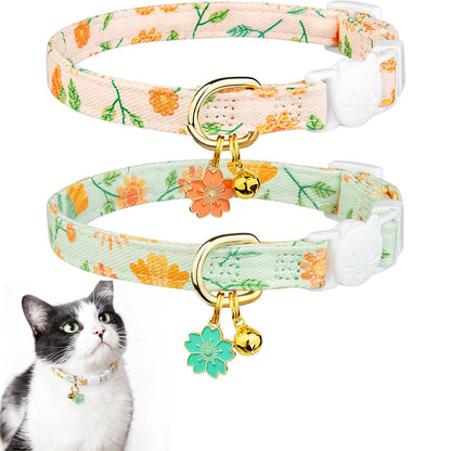 2 Piece Soft Cotton Adjustable Breakaway Cat Collars - Green and Orange