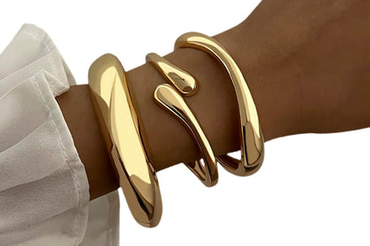 3Pcs Chunky Gold Bangle Bracelets Wide Wrist Cuff Stackable Jewelry Gift-Gold