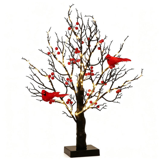 Vintage Glowing Tree with Cardinals ¨C Birch Tree with Berries for Xmas Decoration