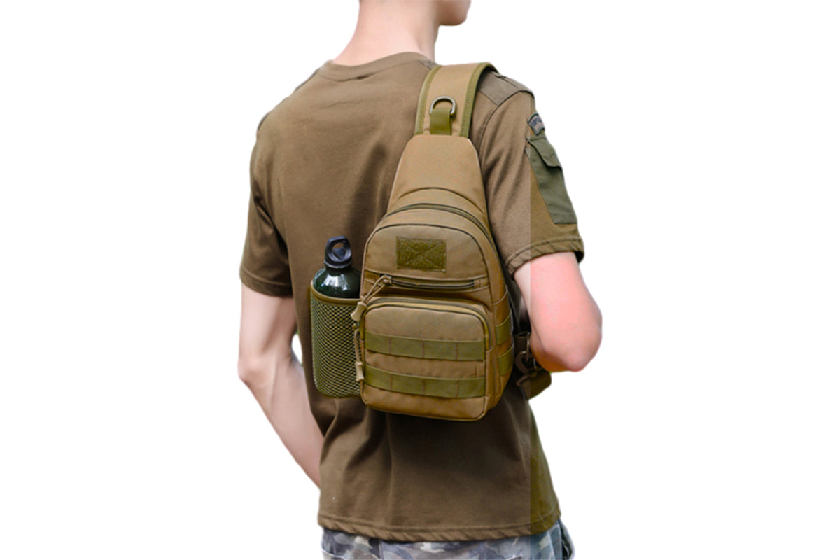 2Pcs Tactical Sling Bag Pack With Water Bottle Holder Shoulder Messenger Bag-Brown