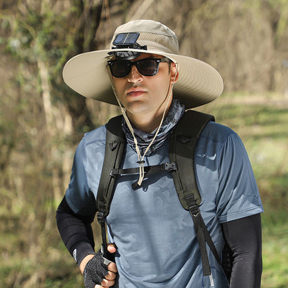 Wide Brim Sun Hat with 2 Solar Fan Sun Bucket Hat for Fishing Camping Hiking Khaki