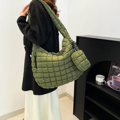 Puffer Tote Bag Quilted Puffy Crossbody Carryall Handbag Army Green