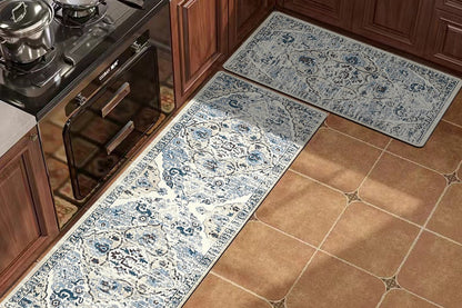 2Pcs Boho Anti-Fatigue Kitchen Mats Non-Slip Cushioned for Kitchen Sink Laundry -Navy Blue