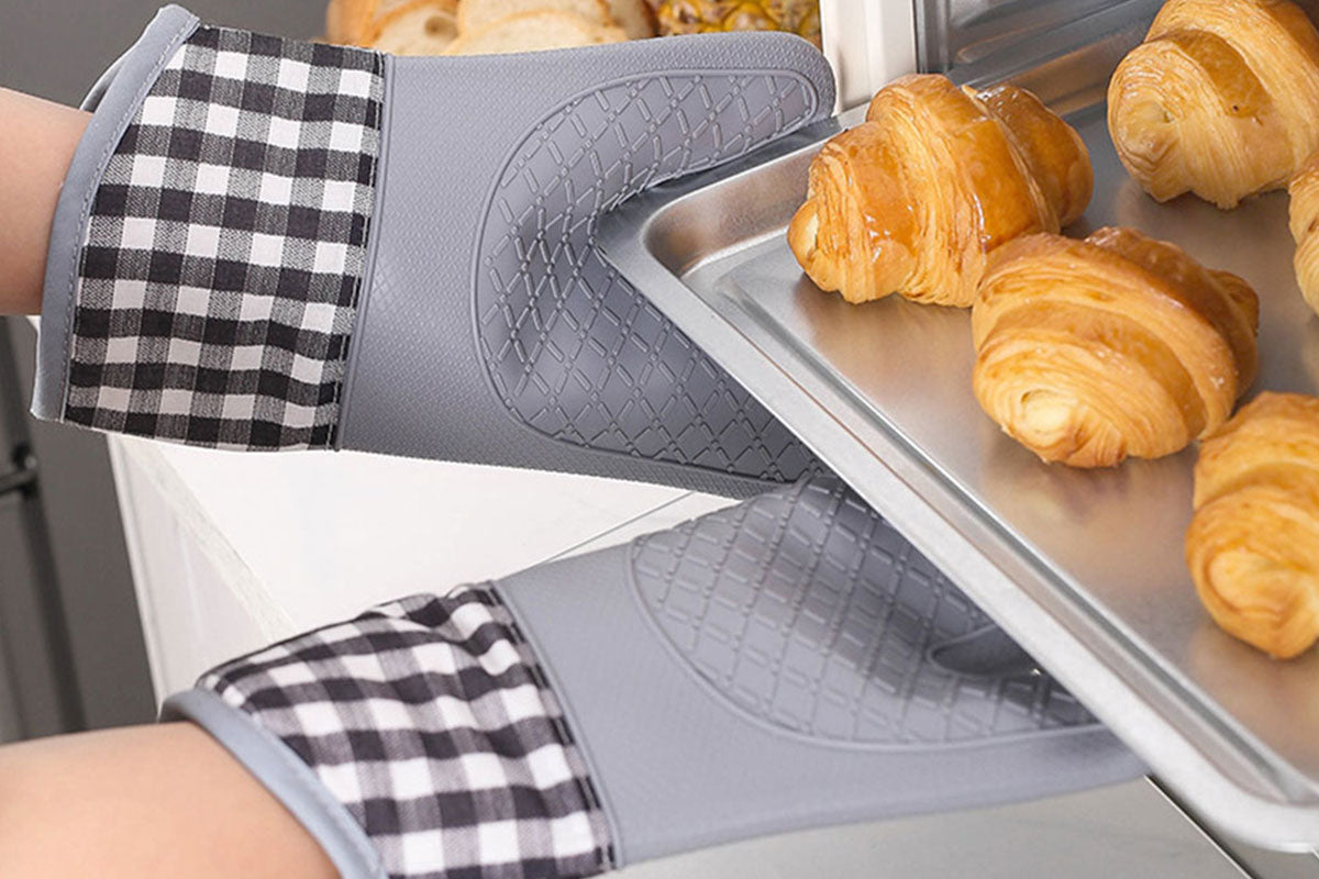 1 Pair Silicone Heat Resistant Gloves Kitchen Cooking Baking Microwave Oven Mitts-Grey